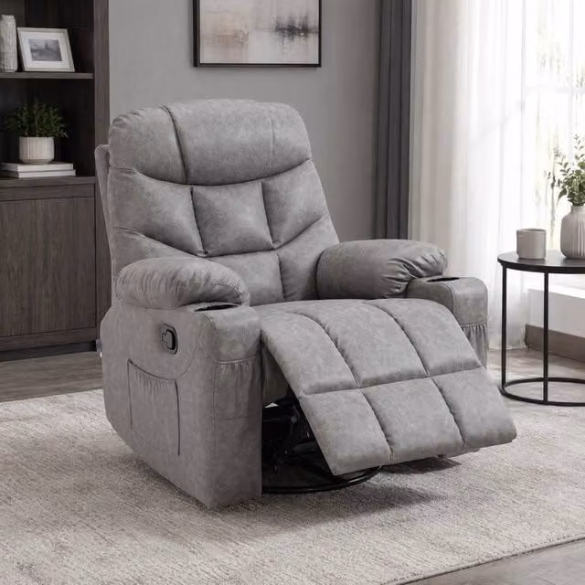 STILVORA Grey Synthetic Leather Recliner Armchair with Swivel and Manual Lever Function – 1