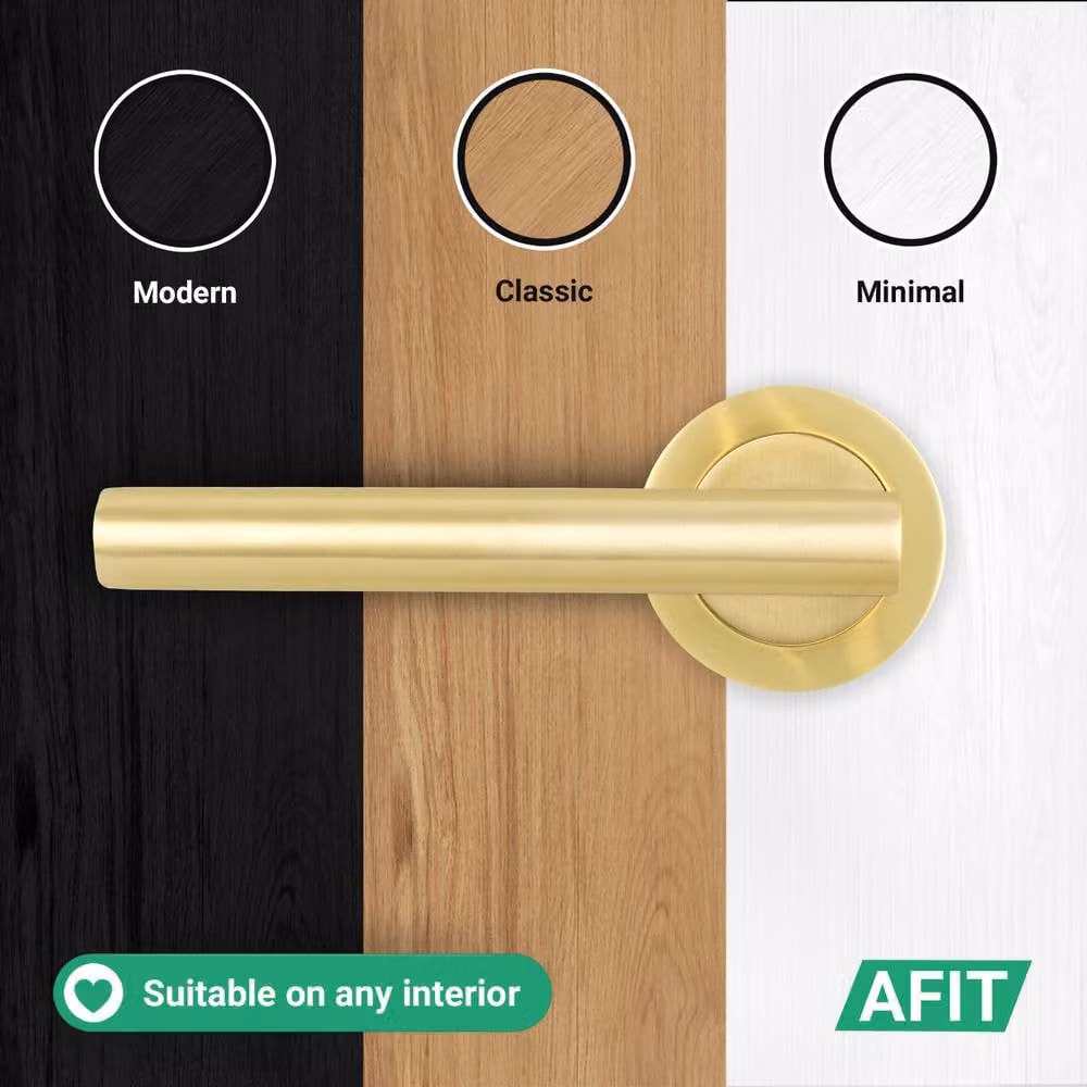 AFIT Satin Brass T-Bar Internal Lever Door Handles with Round Rose, Gold, 1 Pair – 4