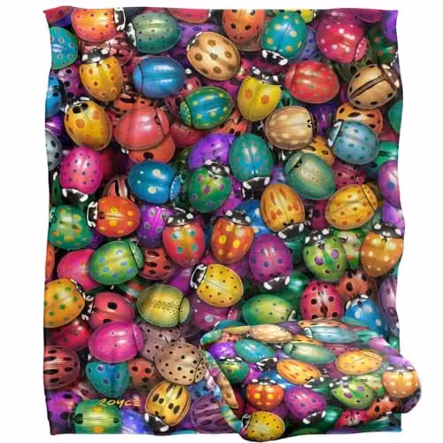 JQ Licensing Royce McClure Beetlemania Colorful Beetle Pattern Super Soft Fleece Throw Blanket, Multicolour and White, W/D/H: 152 x 127 cm