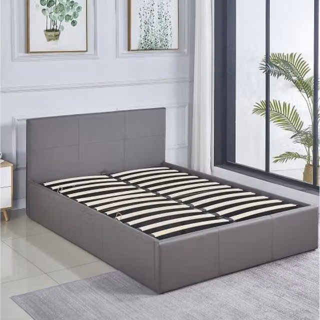 Kosy Koala Grey Faux Leather Ottoman Storage Bed with Gas-Assisted Lift and Stitched Headboard, W/D/H: 140 x 200 cm