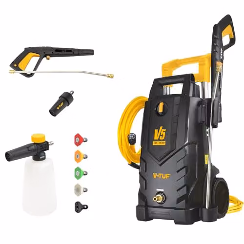 V-TUF V 5 Electric Pressure Washer in Black with 165 Bar Max Pressure, 7.2 L/min Flow Rate, 8m Hi-Vis Hose, 5m Cable, Metal Lance and Snow Foam Bottle – 1