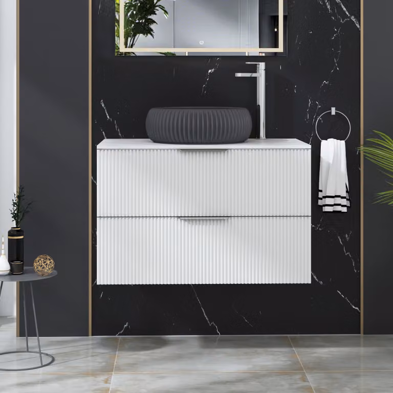 Royal Bathrooms Evora 800mm Matt White Fluted Wall Hung Vanity Unit with 2 Drawers and Milan Black Basin