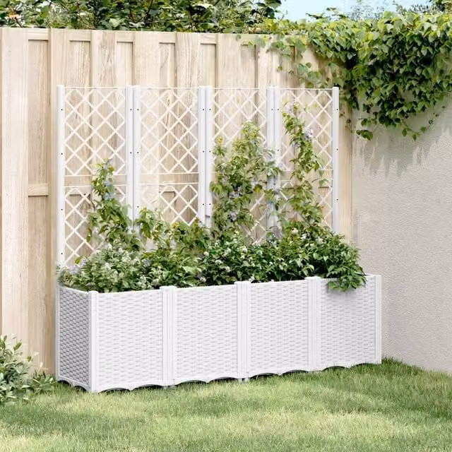 Berkfield Home Garden Planter with Trellis in White, W/D/H: 160 x 40 x 140 cm – 1