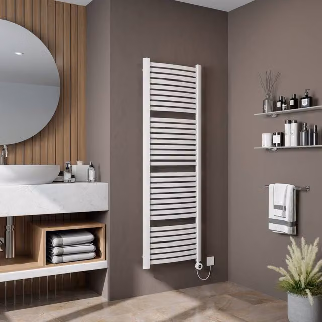 Bathroom Kingdom Fino Electric Curved Heated Towel Rail, White, H: 121.5 cm, W: 58 cm