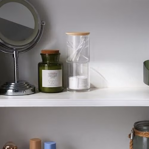 Harbour Housewares Pack of 4 Stackable Plastic Bathroom Canisters with Bamboo Lids in Transparent – 2