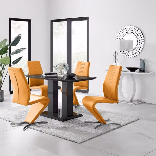 FurnitureboxUK Imperia 4 Modern Black High Gloss Rectangular Dining Table and 4 Luxury Willow Chairs Set in Yellow