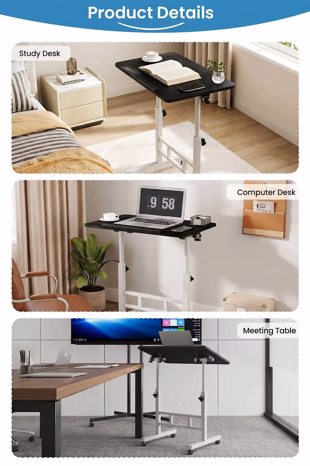 Living and Home Height Adjustable Tiltable Mobile Laptop Desk in Black – 3