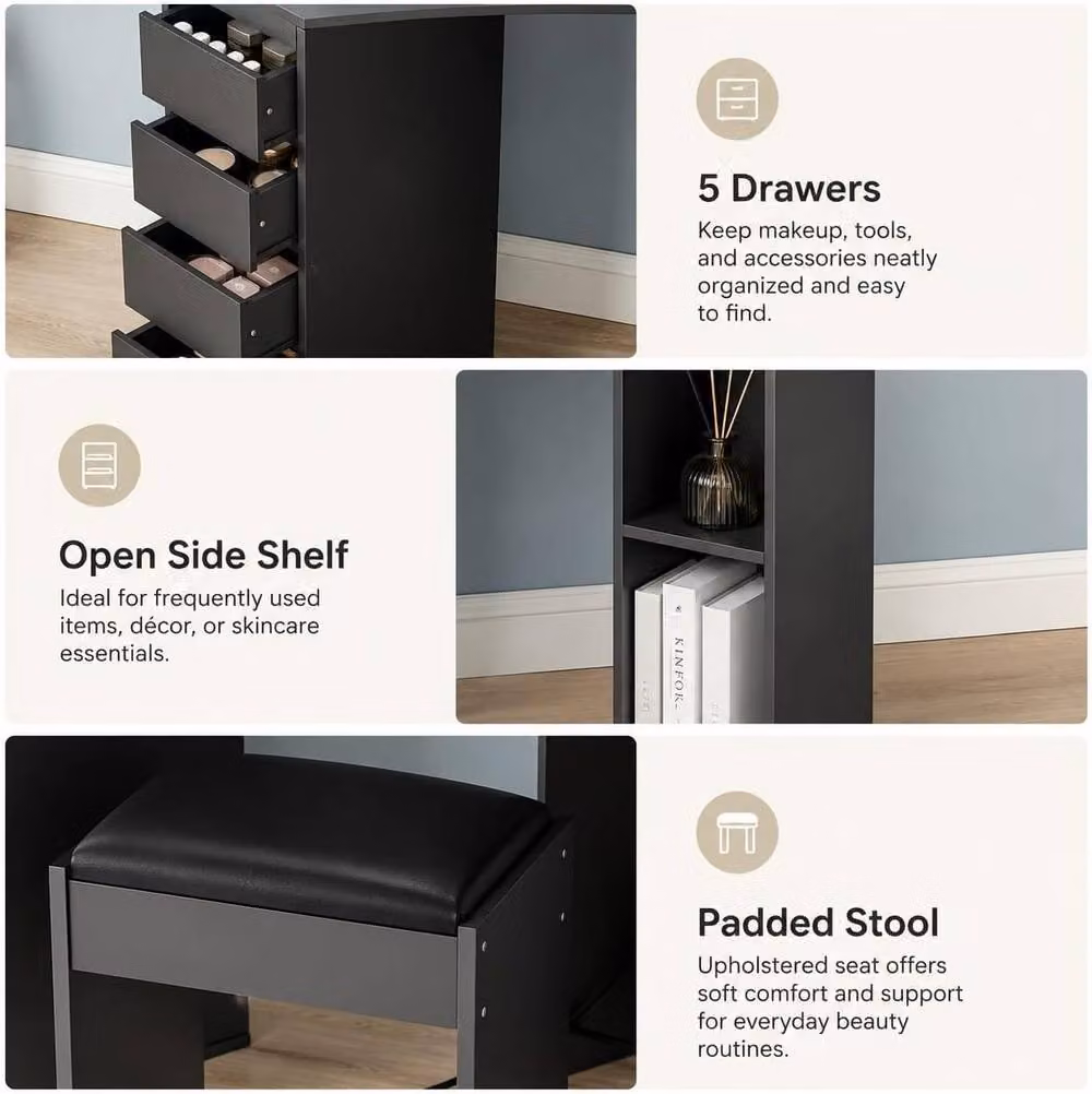 London Boutique Corner Dressing Table with LED Mirror and 5 Drawers in Black – 5