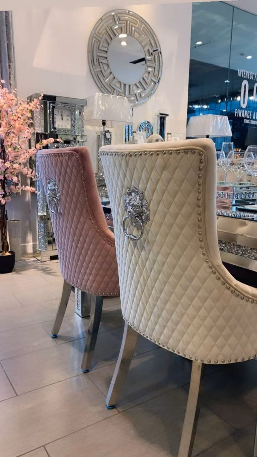 Home Luxe Interior Pair of Minister Brushed Velvet Dining Chairs with Lion Knocker in Beige – 3