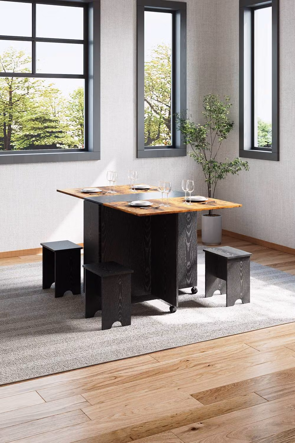 Garden Sanctuary Modern Folding Dining Table Set with 4 Stools in Brown – 2