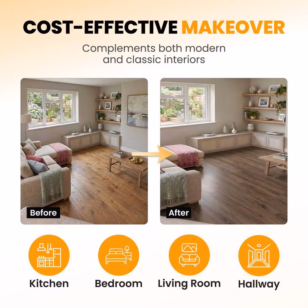 Novecrafto Self Adhesive Wood Look Vinyl Floor Planks, Pack of 10, Brown, W: 91.4 cm, D: 15.2 cm – 6