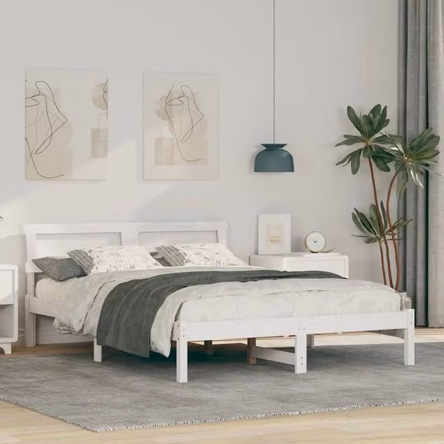 Berkfield Home Modern White Solid Pine Wood Bed with Headboard and LED Strip Lights W/D/H: 120 x 200 cm