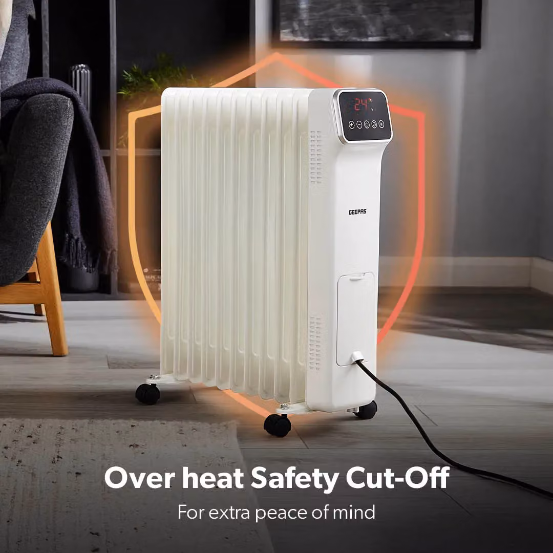 Geepas 11 Fin Digital Oil Filled Radiator Heater 2500W with Remote Control and 9Hr Timer in White – 6