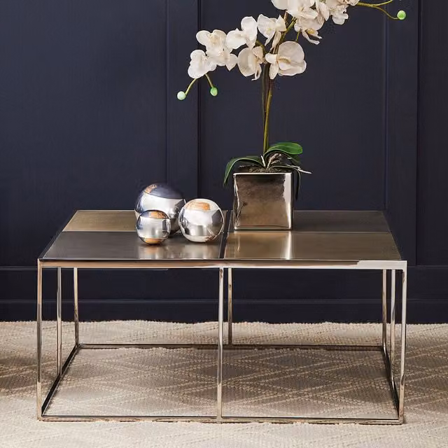 Orsina Round Black Marble-Effect Coffee Table with Glass Top and Silver Pedestal Base – 2