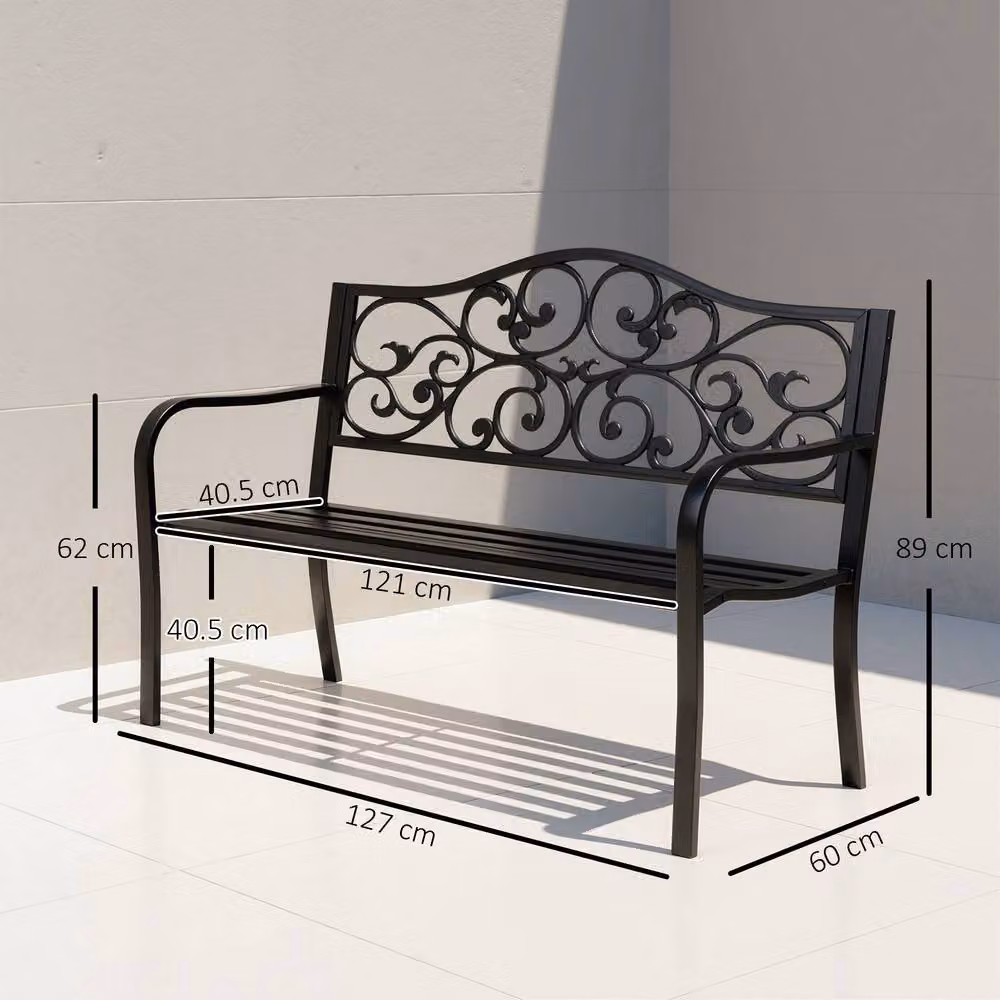 OUTSUNNY Black Metal 2 Seater Garden Bench with Floral Back – 3