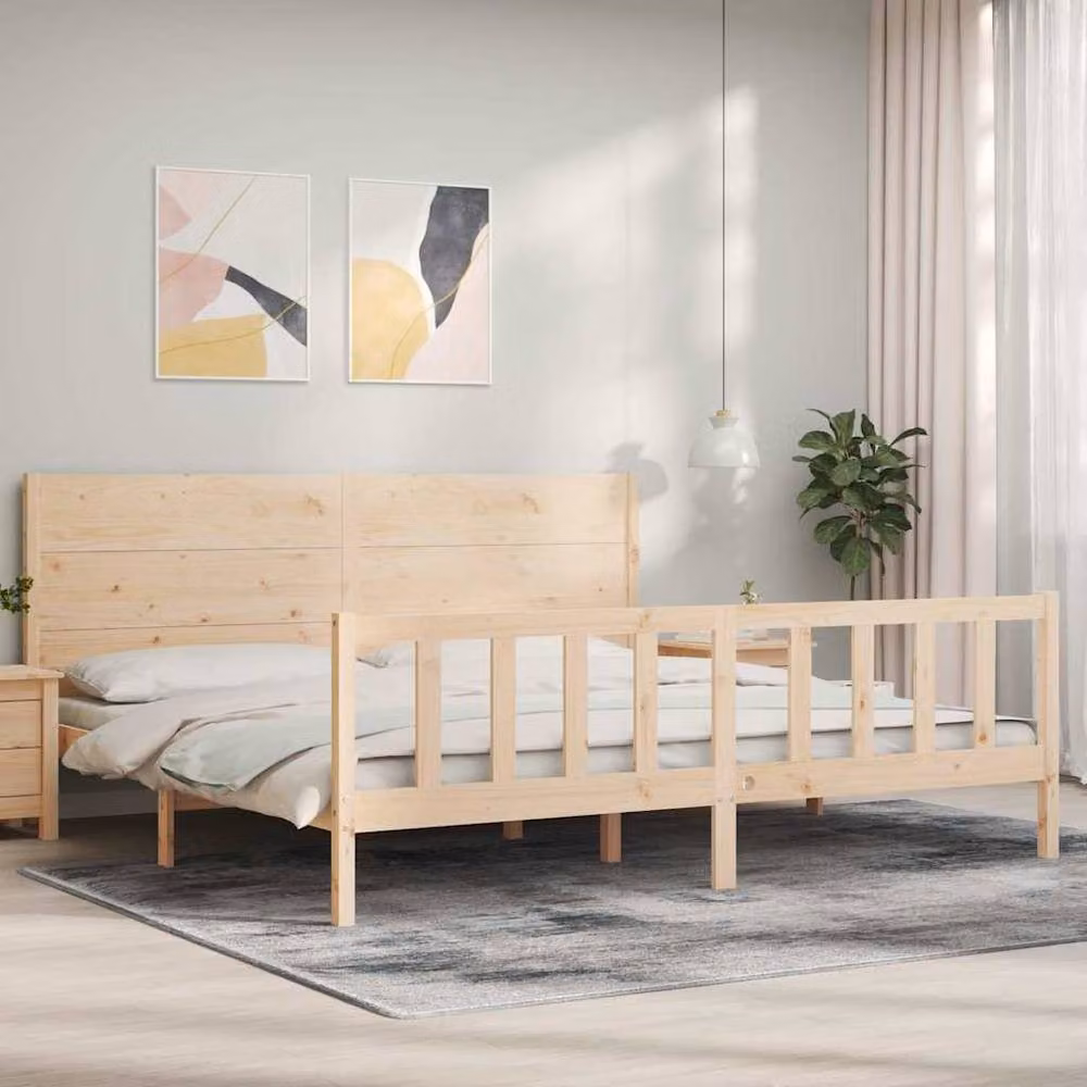 Berkfield Home Beautiful Solid Wood Bed Frame with Headboard in Light Oak, W/D/H: 200 x 200 x 205.5 cm – 2