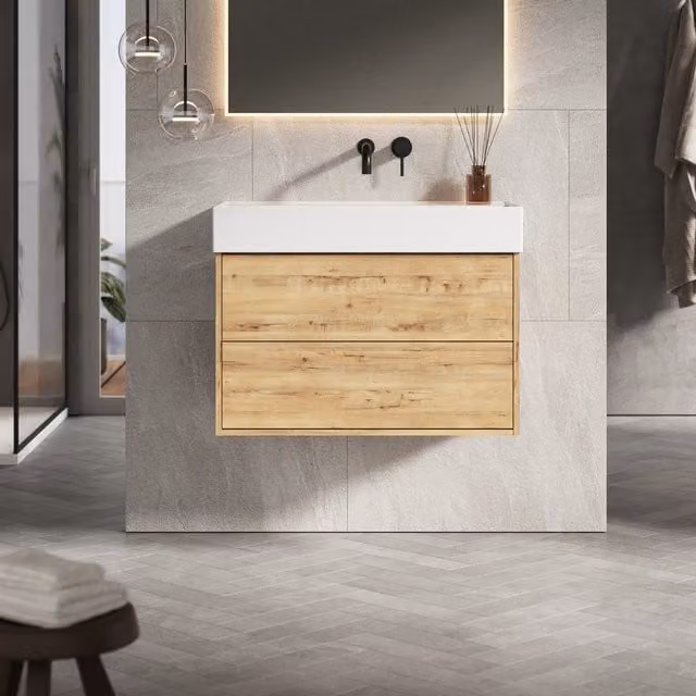 Banyetti Venti 800mm Wall Hung Vanity Unit with Veneto No Tap Hole Basin in Ostippo Light Oak – 1