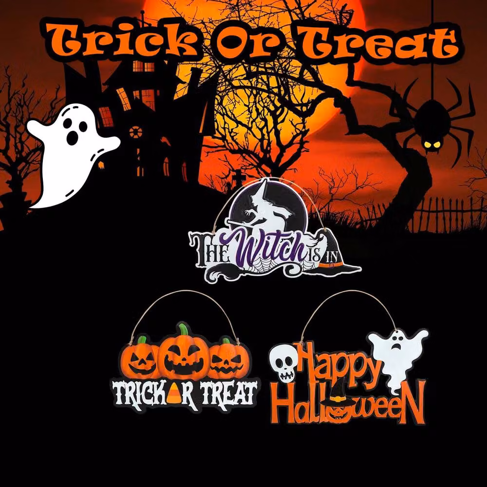 VFM e-Store Halloween Hanging Signs Trick Treat, Happy Halloween and Witch 3 Pack in Multicolour – 3