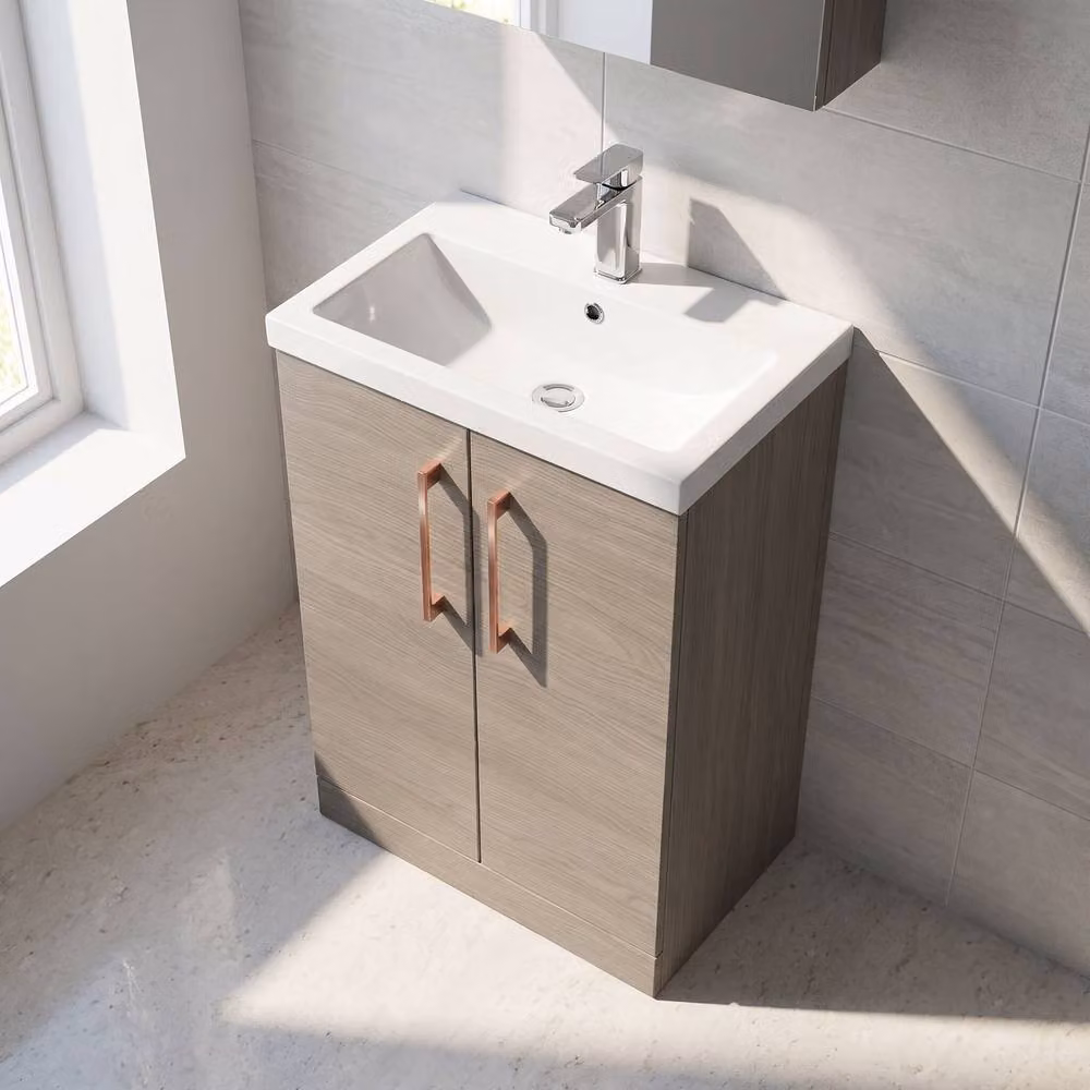 Balterley Modern Freestanding Bathroom Vanity Basin Unit in Brown Oak with Soft Close Doors, Width: 60 cm – 2