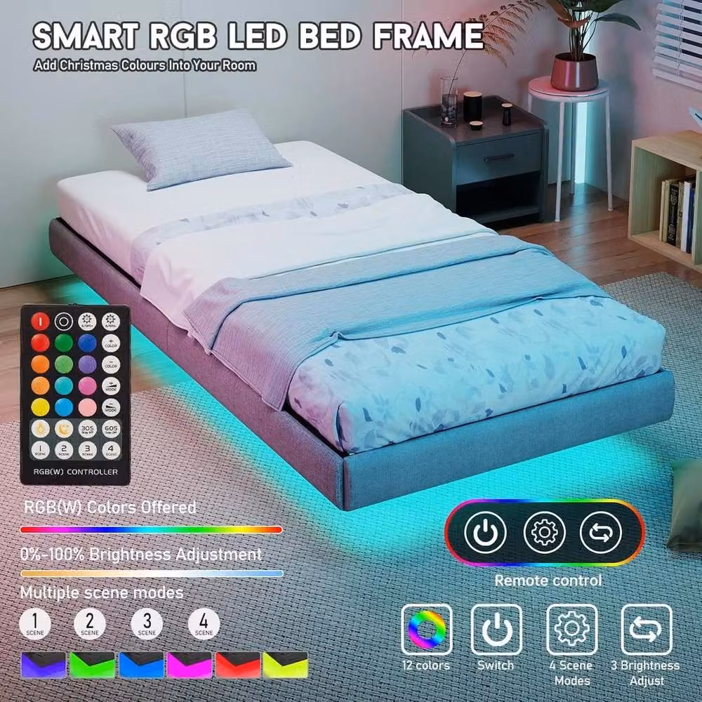 NESTLUNE Heavy Duty Steel Slat Platform Bed Frame with Under-Bed LED Lighting, Grey, W/D/H: 90 x 190 cm – 5