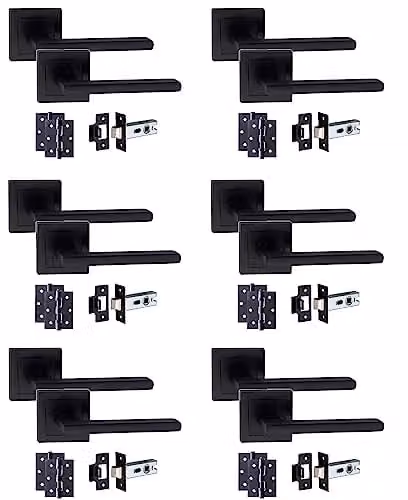 Golden Grace Leon Straight Door Handle Latch Pack in Matt Black, 6 Sets – 1