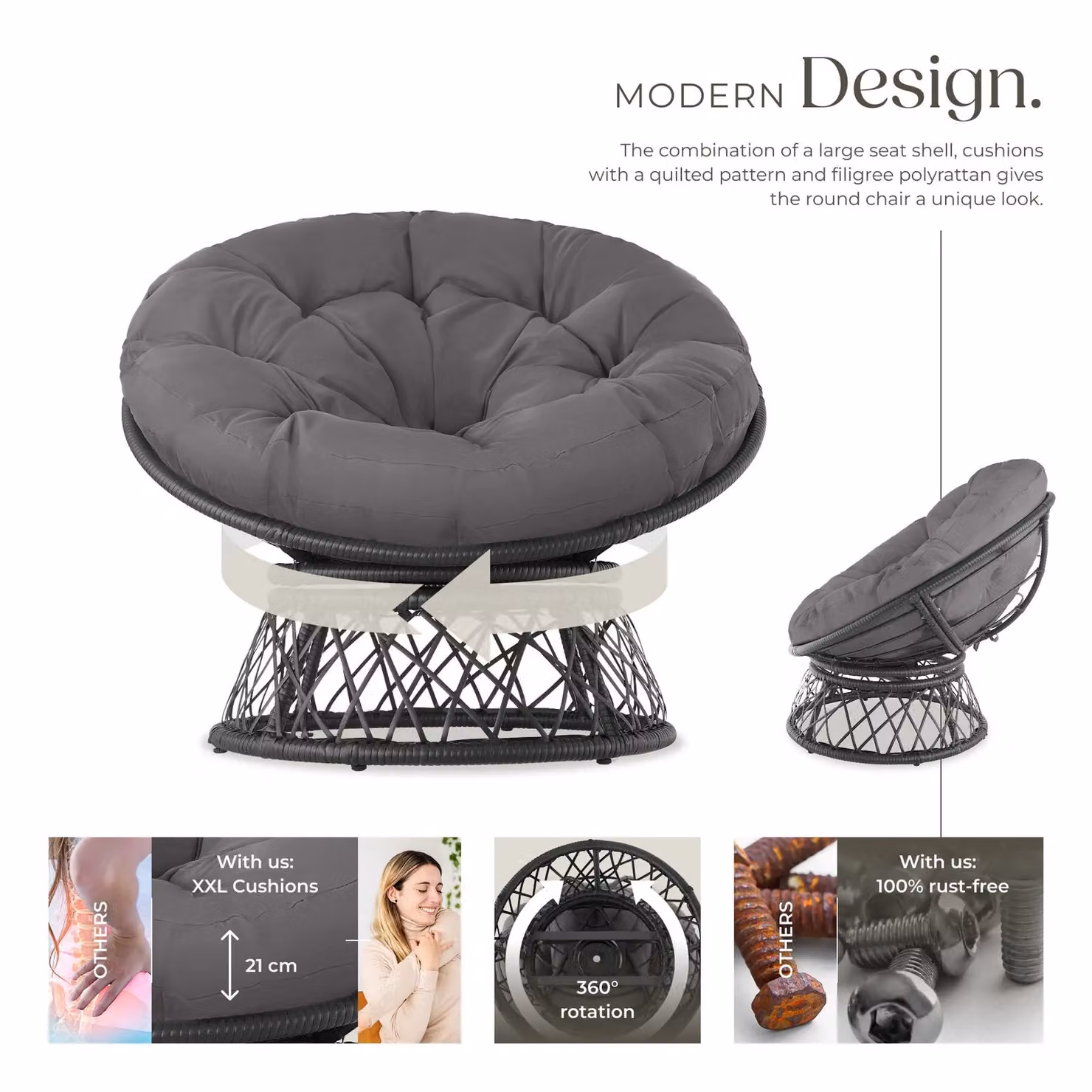 tectake Gargano Egg Garden Chair in Black with Grey Cushions and 360 Degree Swivel Metal Frame – 3