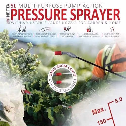 NETTA 5L Manual Pressure Garden Sprayer with Adjustable Mist Nozzle in Transparent White – 2