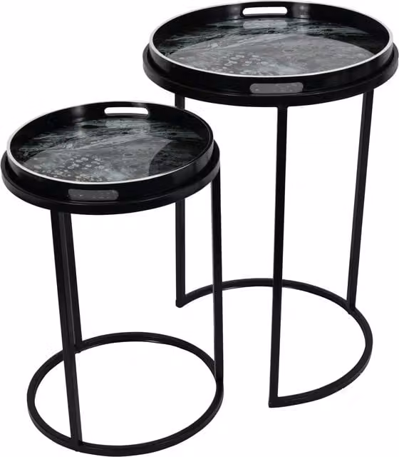 Libra Interiors Monochrome Swirl Set of 2 Round Metal Side Tray Tables in Black, White and Multicolour – 1