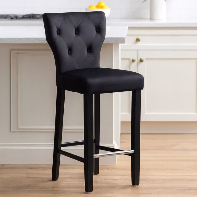 Orsina Black Velvet Fabric Bar Stool with Back and Footrest – 1