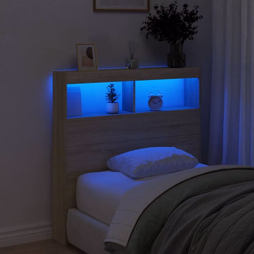 Berkfield Home Sonoma Oak Headboard Cabinet with LED Lighting and USB Charging Port in Beige, W/D/H: 100 x 17 x 102 cm – 3