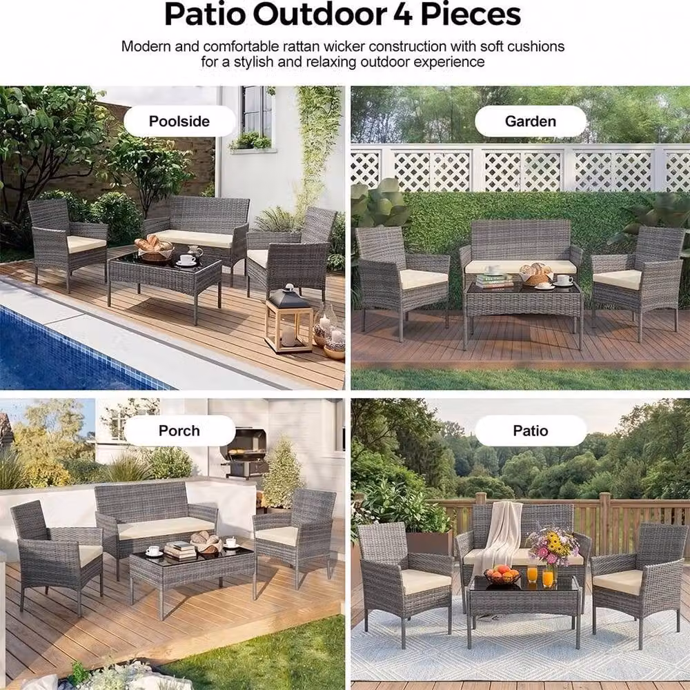 KORVIXA 4 Seater Garden Rattan Furniture Set in Grey – 4