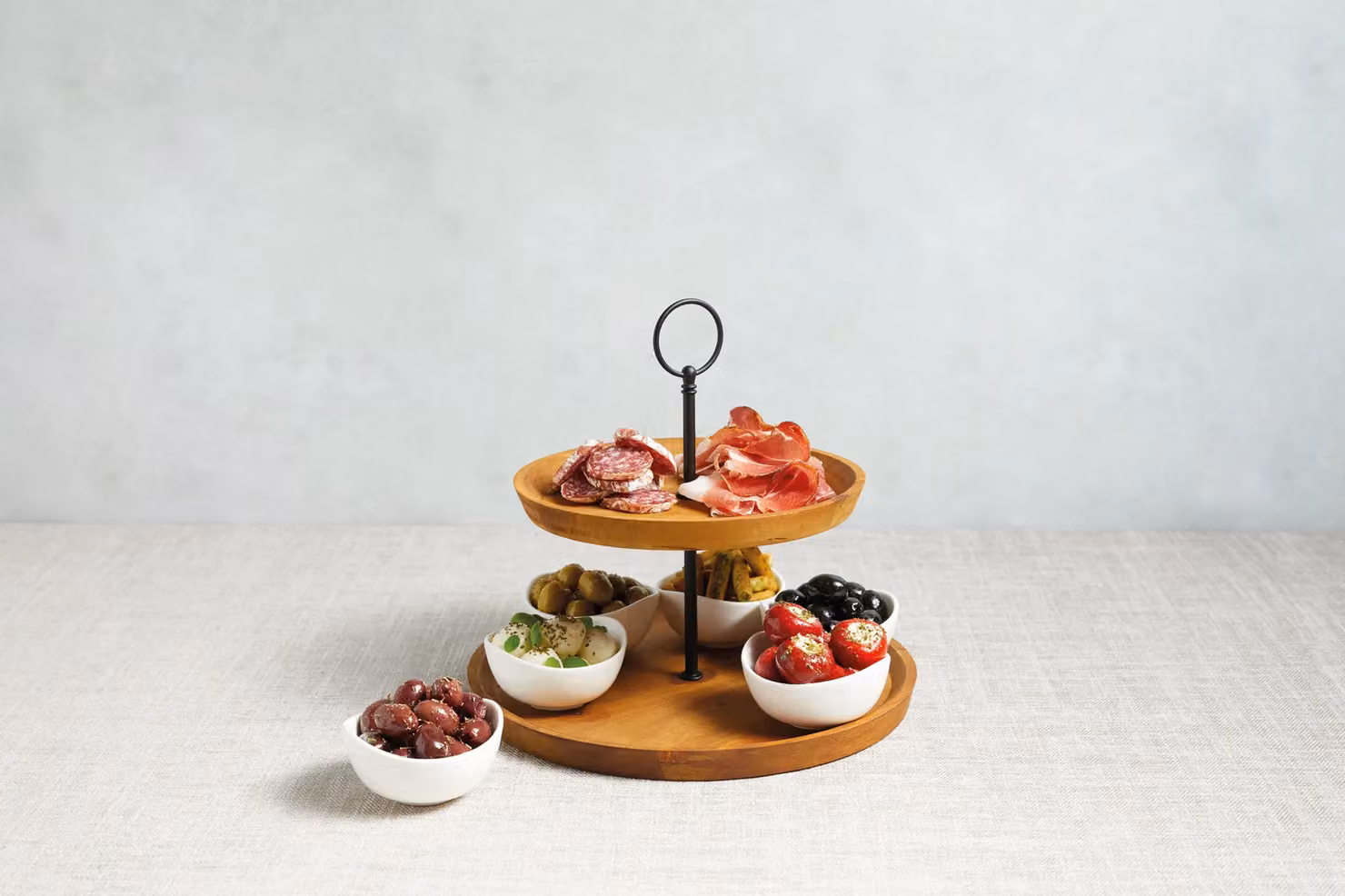 Artesa Two-Tier Serving Stand and Tapas Set in Light Brown Acacia Wood and Porcelain – 2