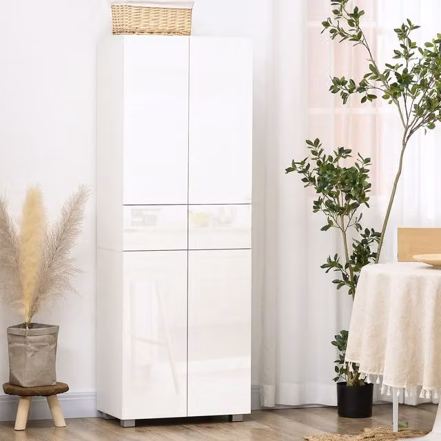 HOMCOM Modern Glossy White Freestanding Kitchen Cupboard and Pantry Storage Tall Unit with Hinged Doors and Internal Shelves – 1