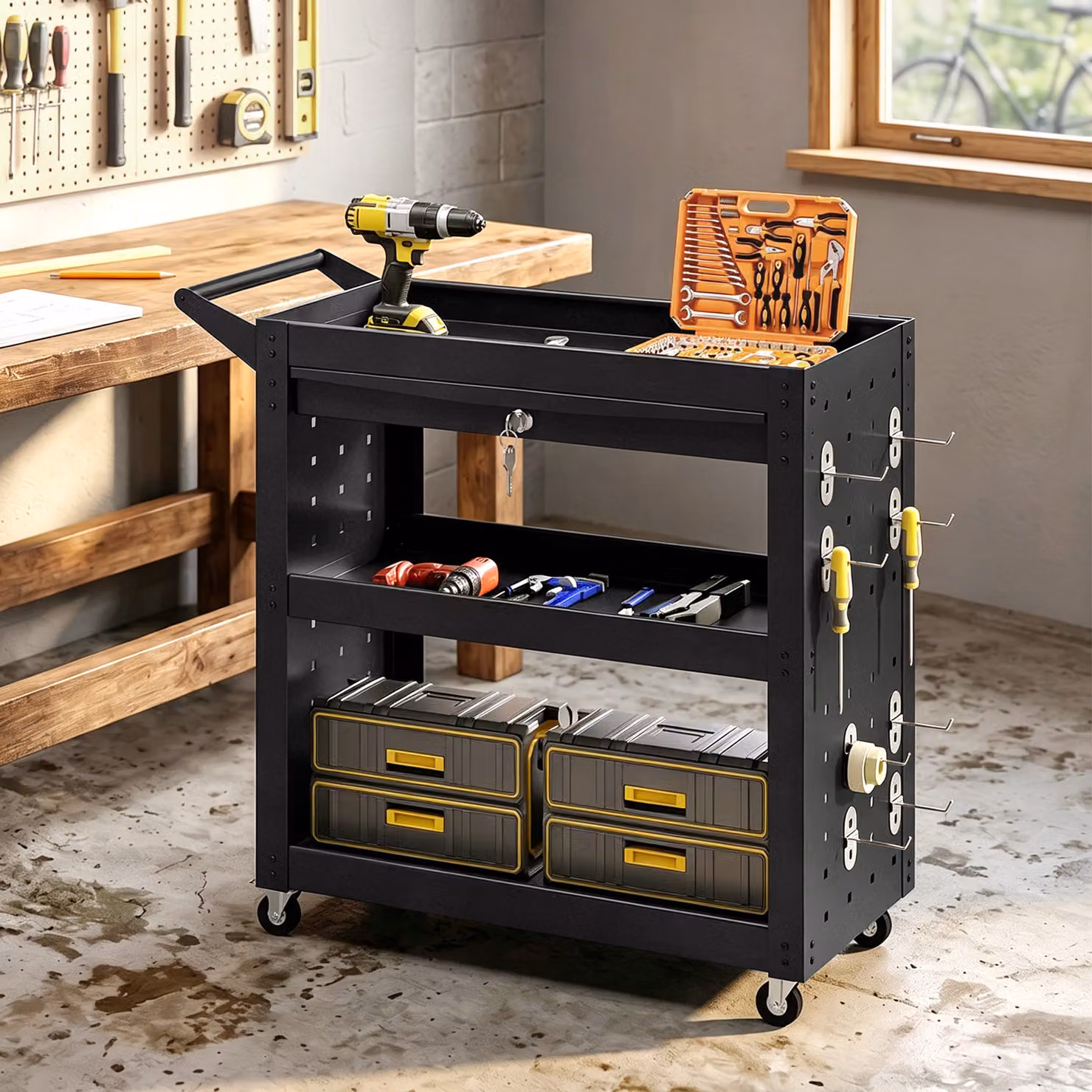 HOMCOM Black Steel Rolling Tool Cart with Lockable Wheels, 3-Tier Trays, Drawer and Pegboards, W/D/H: 78 x 35 x 90 cm – 8