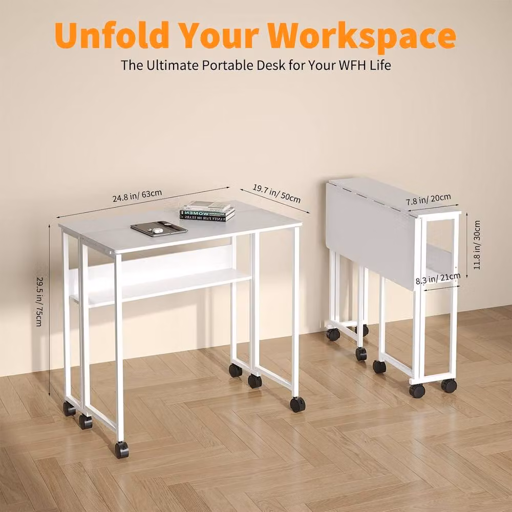 London Boutique Folding Computer Writing Table with Storage Shelf and Castors, White – 3