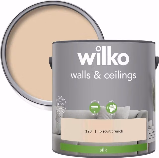 wilko Walls and Ceilings Silk Emulsion Paint in Biscuit Crunch Beige, 2.5 l