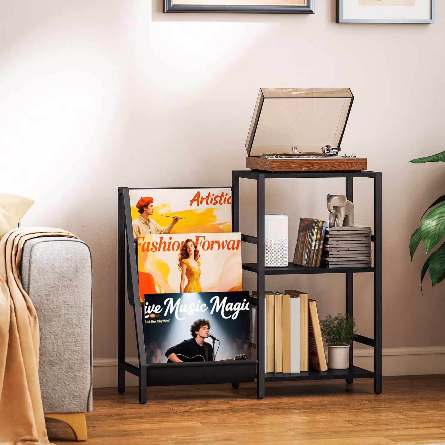 HOMCOM 3-Tier Record Player Stand and End Table in Black Wood Effect – 2