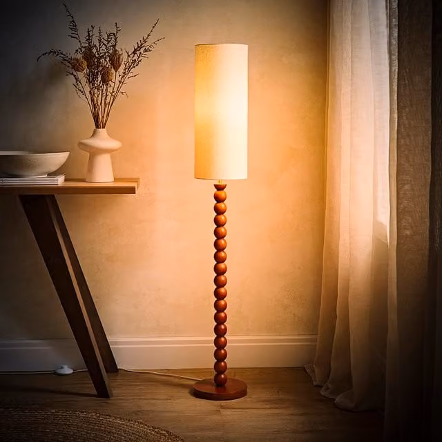 Wyatt Walnut Bobble Wood Floor Lamp with Tall Linen Shade and LED Bulb in Brown