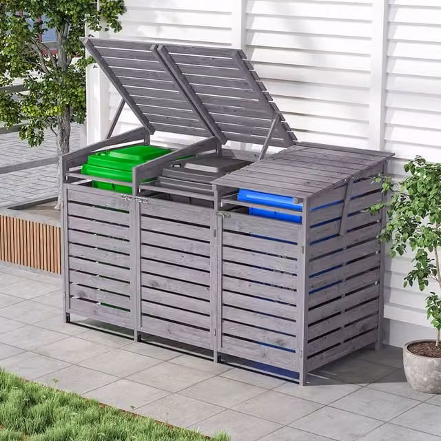 Livingandhome Grey Lacquered Spruce Wood Pent Bin Store Garden Storage Shed