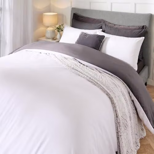 Brentfords Reversible Microfibre Single Duvet Cover and Pillowcase Set, Grey and White, W/D/H: 135 x 200 cm and 50 x 75 cm