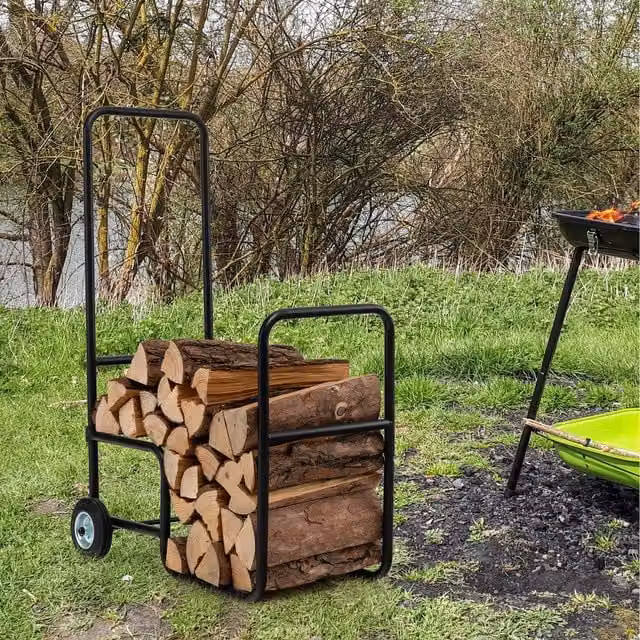 Costway Rolling Firewood Cart in Black