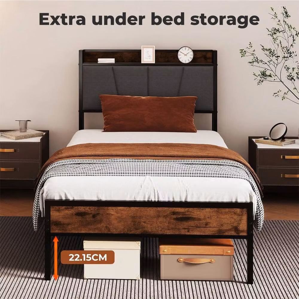 VOGREX Modern Single Bed Frame in Brown with Bedside Shelf and Side Compartments, W/D/H: 90 x 190 cm – 2