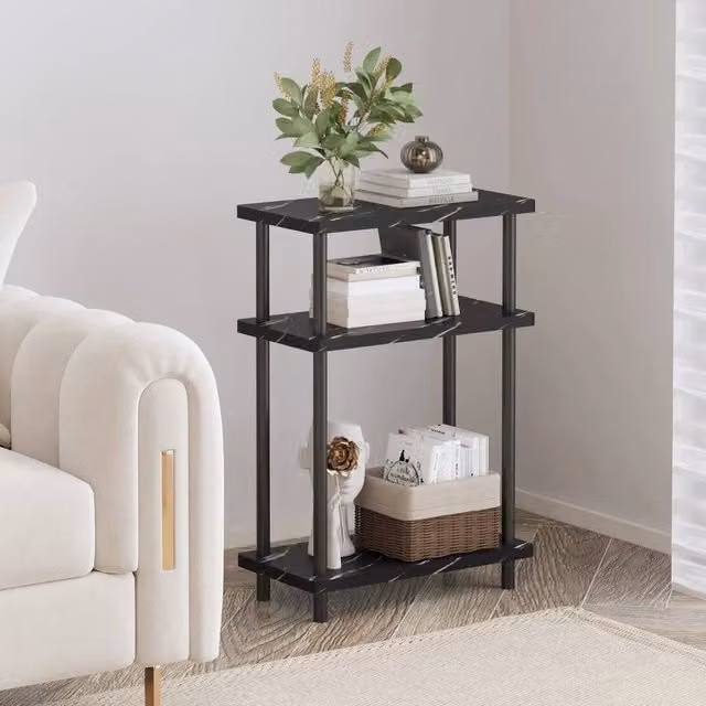 VOGREX Black Marble 3-Tier Narrow Storage Side Bedside Table, W/D/H: 40.0 x 61.5 x 40.0 cm