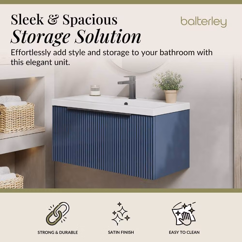 Balterley Fluted Front Wall Hung 1 Drawer Vanity Basin Unit in Satin Blue, W: 80 cm – 2
