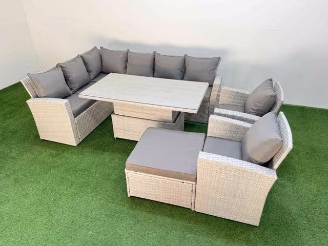 Fimous 9 Seat Garden Furniture Corner Sofa with Large Footstool in Light Grey