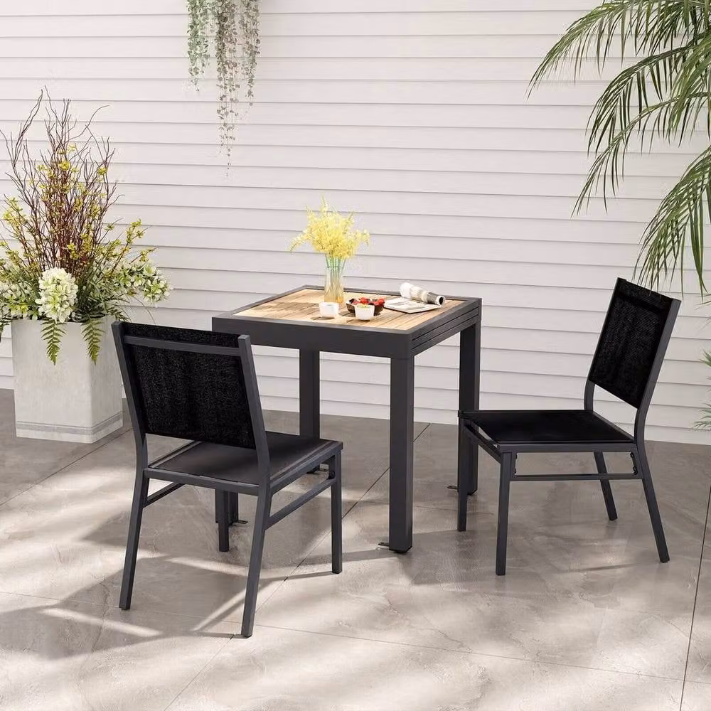 KORVIXA Modern Matt Black Aluminium Outdoor Dining Armless Patio Chairs – 3