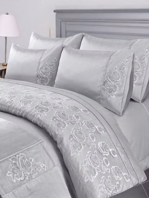 Snug City Single Duvet Cover and Pillowcase Set in Silver with Floral Embroidered Design, Polyester and Linen Blend, W: 90 cm, H: 200 cm
