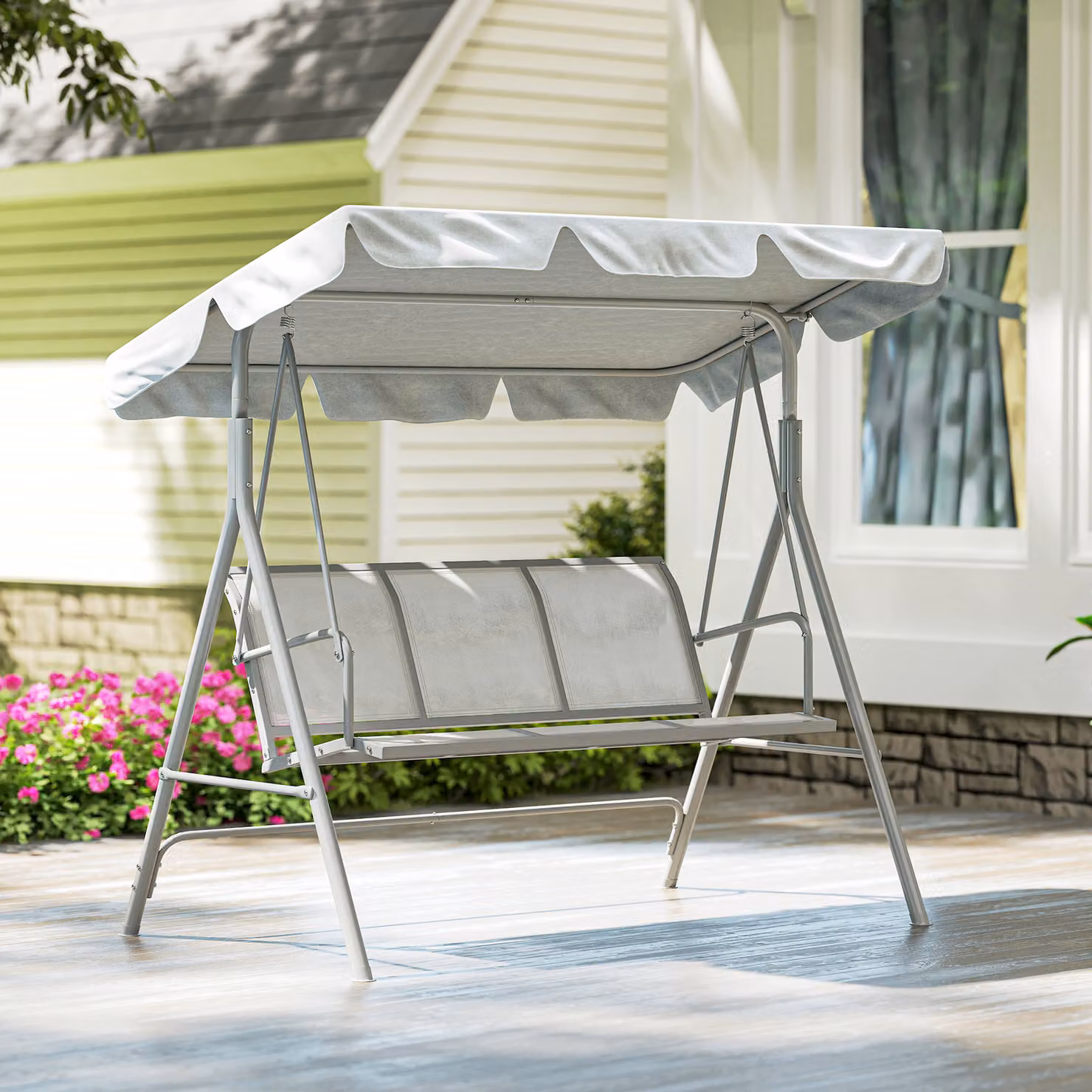 Outsunny 3-Seater Metal Garden Swing Chair with Sun Canopy in Matt Light Grey – 6