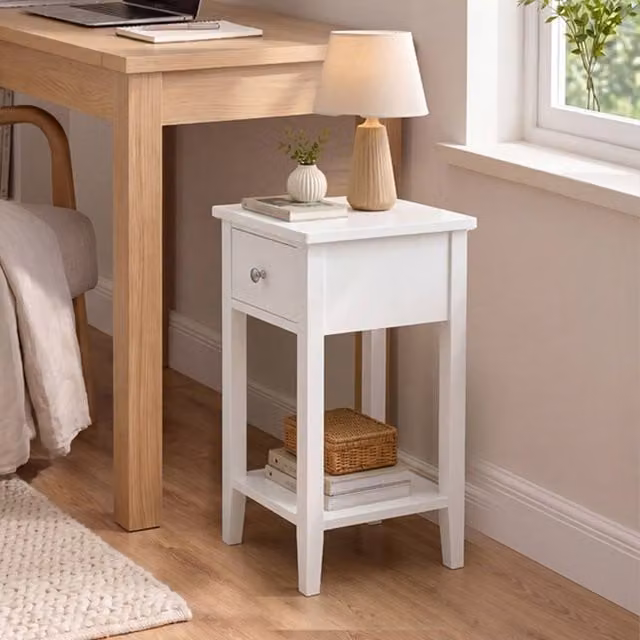 Levede Modern Narrow Bedside Table with Drawer and Shelf in White