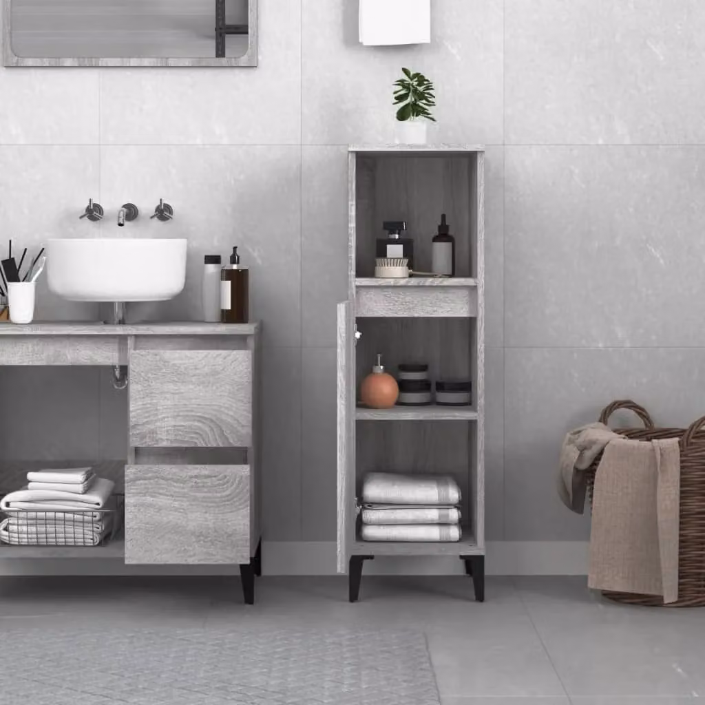 Berkfield Home Grey Sonoma Bathroom Cabinet with Hinged Doors and Open Shelf, W/D/H: 30 x 30 x 100 cm – 1